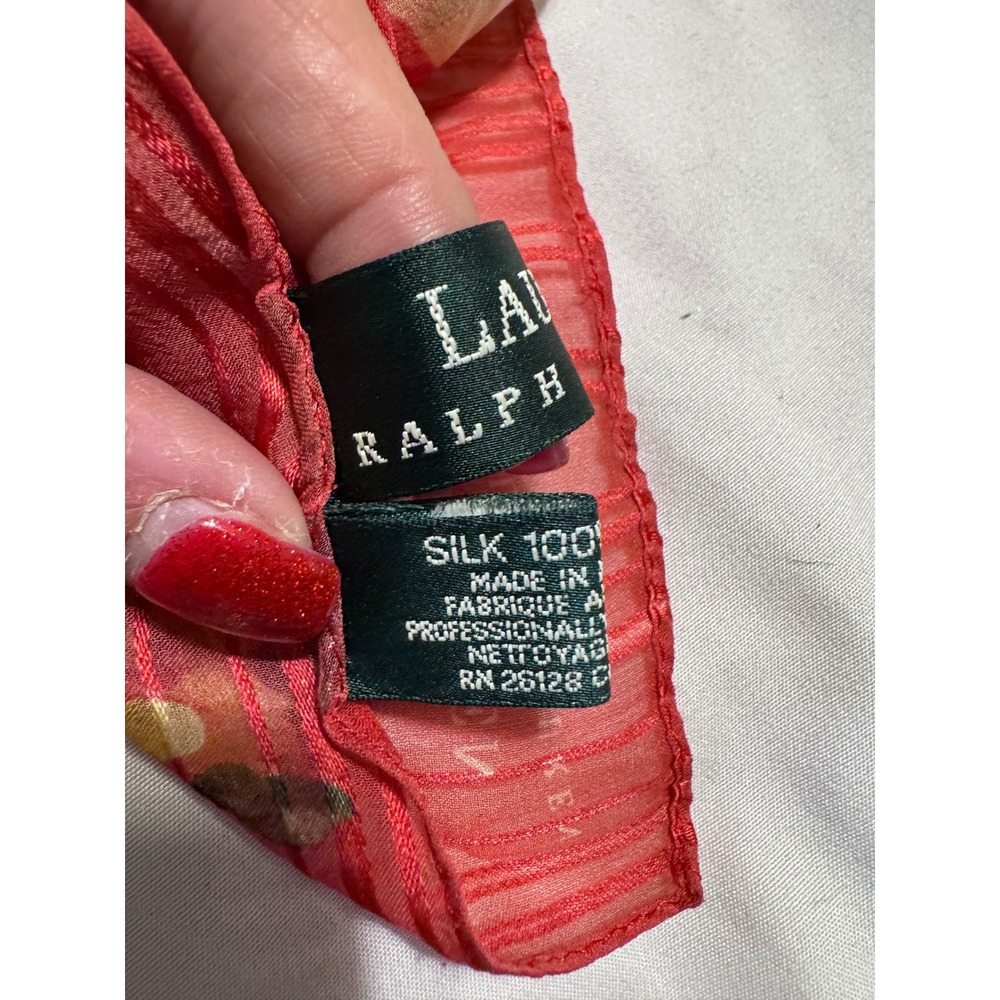 Lauren Ralph Lauren Silk Scarf Red Floral Striped Sheer Lightweight Accessory - Picture 6 of 6